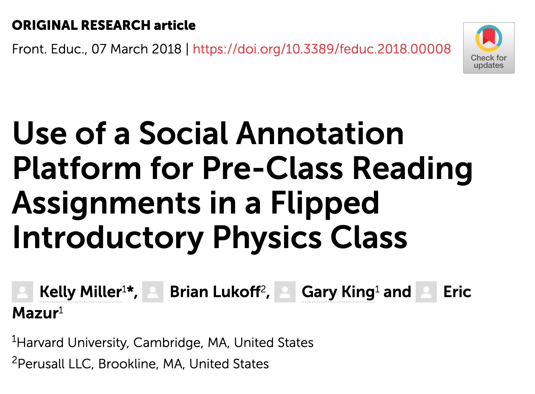 Miller and Mazur Frontiers paper on Perusall 2018